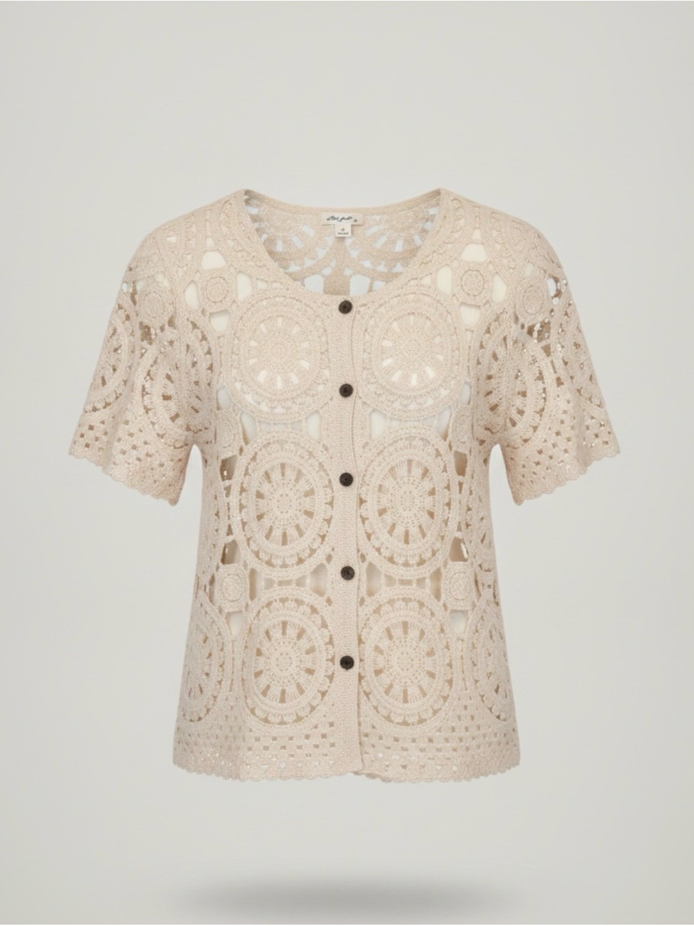 Ultra Pink Crochet Button Front Cardigan Top | Cream | Medium | Boho